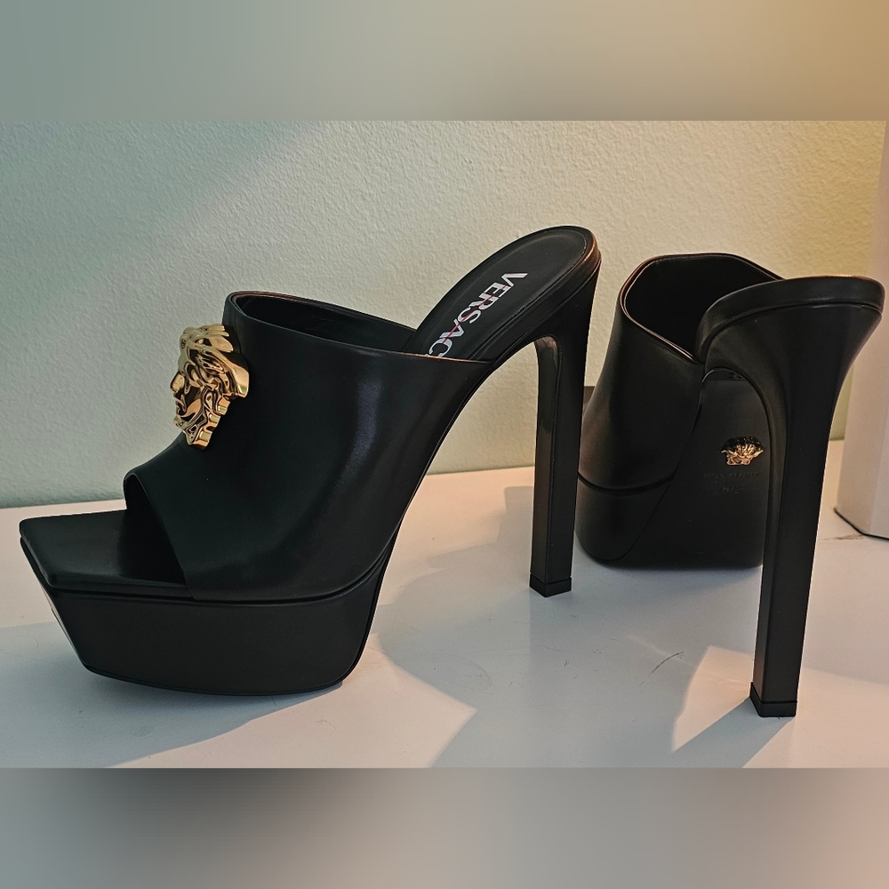 Versace La Medusa Gold 140MM Leather Platform Mules/Sandal Black Size 38/5 - Picture 14 of 16